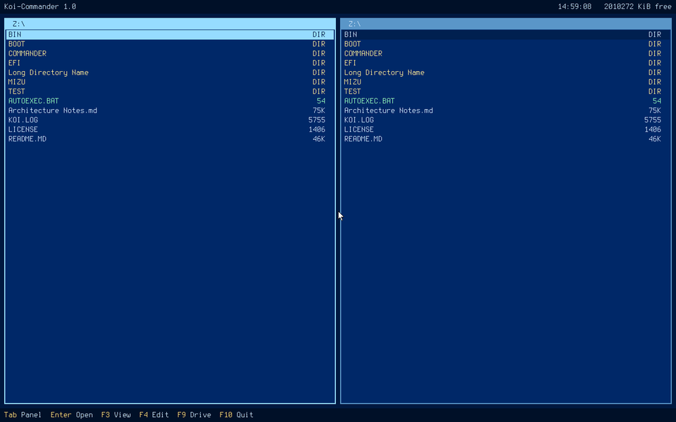 Koi-Commander: two panels listing a directory, with a function-key bar along the bottom