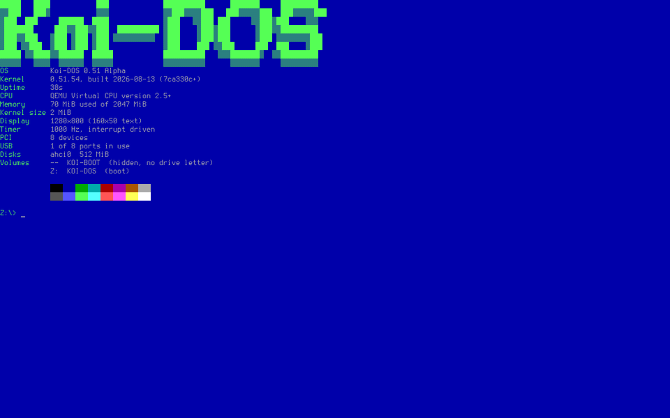 Koi-DOS at the prompt, showing a logo in block characters above a list of the machine's hardware